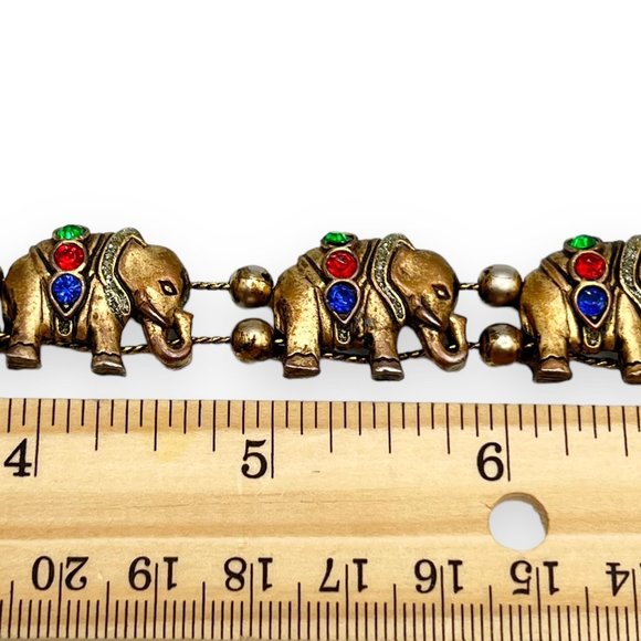 Vintage Brass & Mogul Red/Blue/Green Rhinestone Elephant Charm Slide Bracelet - Picture 3 of 9